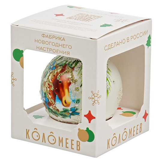 Елочный шар Лошадка снежная, 8 см, стекло, КУ-80-254011