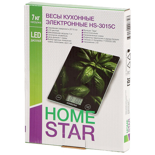 Весы кухонные стекло, Homestar, HS-3015C, платформа, 10 г, до 7 кг кг, LCD-дисплей, 110058