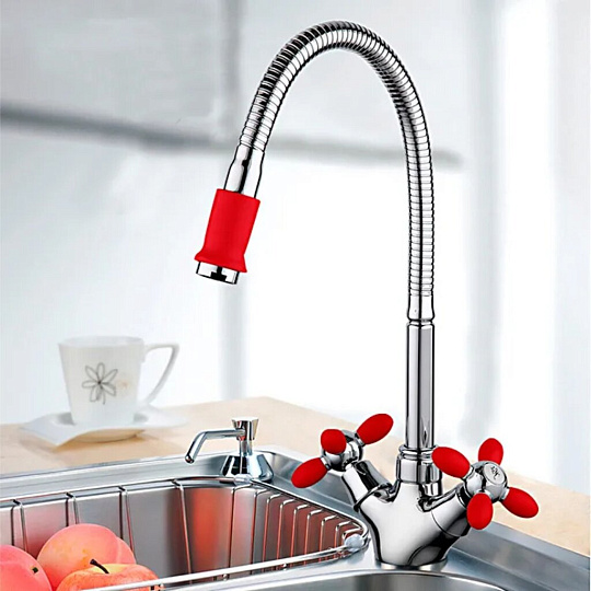 Смеситель для кухни, Frud, гибкий излив, с кран-буксой, красный, R43127-10