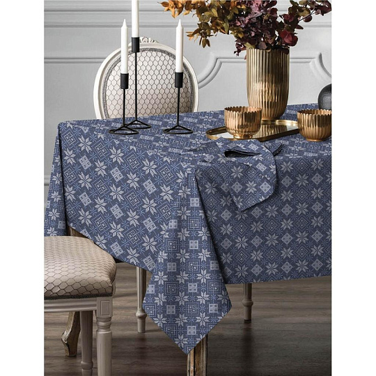 Скатерть 145х180 см, 100% хлопок, рогожка, Winterland, Снежный калейдоскоп, синяя, 670942