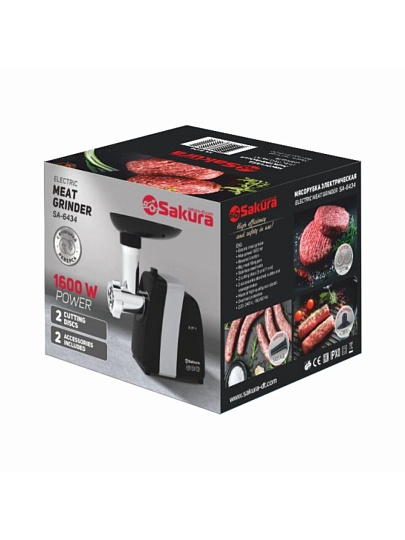 Мясорубка электрическая Sakura, SA-6434, 1600 Вт, реверс, 1.2 кг/мин, пластик, 2 насадки