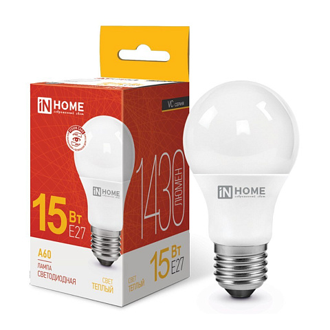 Лампа светодиодная E27, 15 Вт, 135 Вт, 230 В, груша, 3000 К, свет теплый белый, In Home, LED-A60-VC