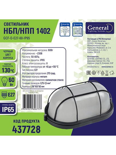Светильник под лампу General Lighting Systems, ЖКХ 1402 НБП/НПП, 60 Вт, E27, на 1 лампочку, IP65, 21.5х10.5х8 см, с решеткой, черный, GCF-O-E27-60-IP65