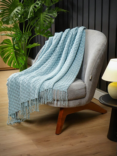 Плед 1.5-спальный, 130х170 см, 100% полиэстер, Silvano, Теплые объятия шашки, небесно-голубой, вязаный, TB1317-53