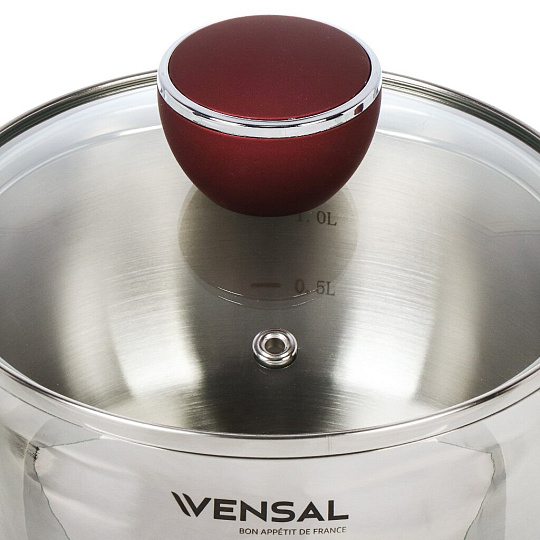 Ковш нержавеющая сталь, 1.7 л, крышка стекло, пластиковая ручка, индукция, Vensal, Joli, VS1543
