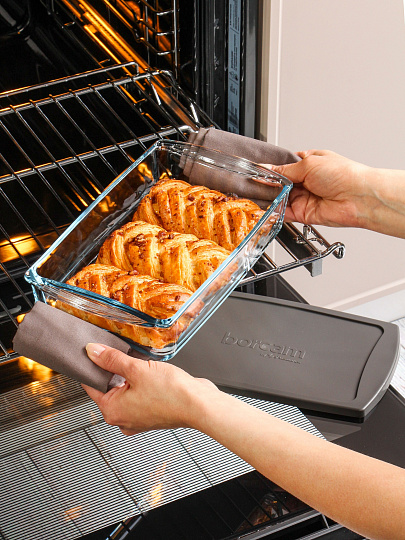 Форма для запекания стекло, 15х26х5.5 см, 1.32 л, прямоугольная, с крышкой, Borcam, 59864GREY