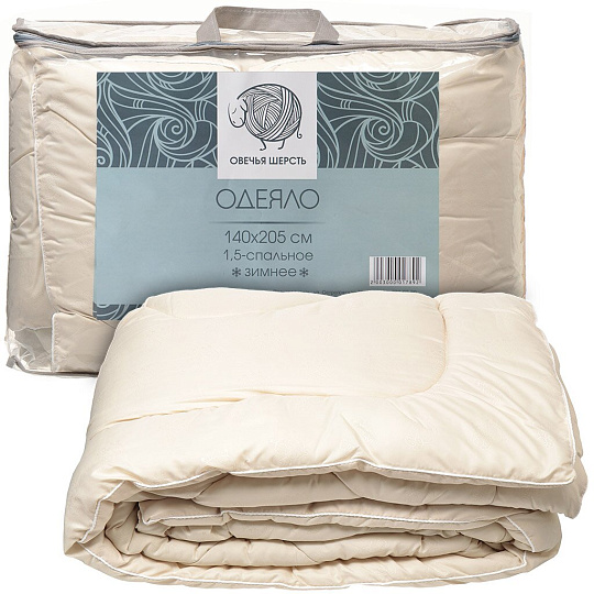 Одеяло 1.5-спальное, 140х205 см, Овечья шерсть, 400 г/м2, всесезонное, чехол 100% полиэстер, кант, Selena