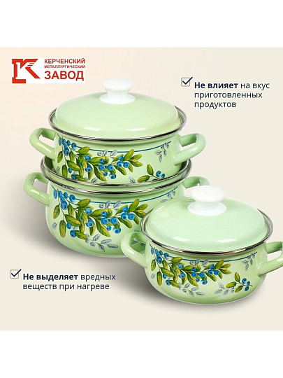 Набор посуды эмалированная сталь, 6 предметов, кастрюли 1.5, 2, 3 л, Керченский металлургический завод, Черника-1, салатовый