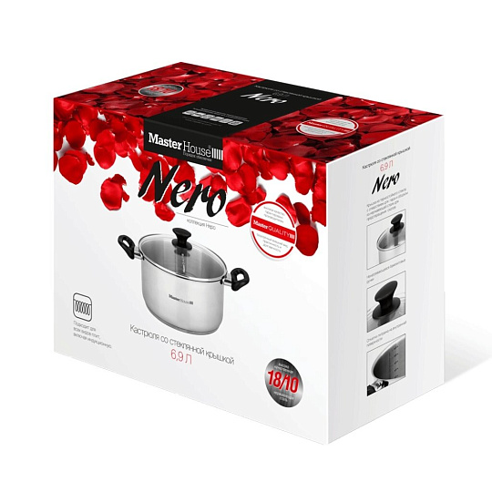 Кастрюля нержавеющая сталь, 6.9 л, крышка стекло, Master House, Глаза тигра F1, 60478, индукция
