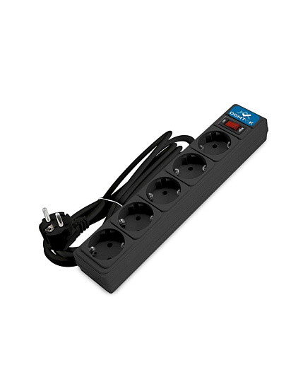 Сетевой фильтр 5 гнезд, 3 м, ПВС, 3х1 мм², с заземлением, 10 А, выключатель с индикацией, черный, Domtok, 2538