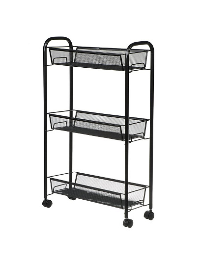 Этажерка универсальная, сталь, 3 секции, 44х17х70.5 см, на колесах, с мелкосетчатыми корзинами, черная, LD01-748-7