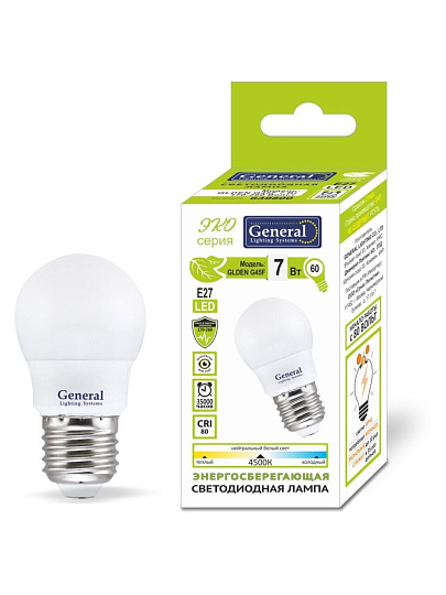 Лампа светодиодная E27, 7 Вт, 230 В, шар, 4500 К, нейтральный белый свет, General Lighting Systems, GLDEN-G45F, 639800