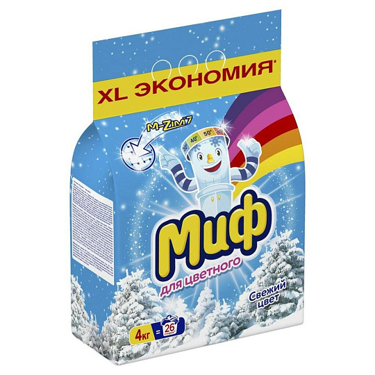 Стиральный порошок Миф, 4 кг, автомат, для цветного белья, Свежий цвет