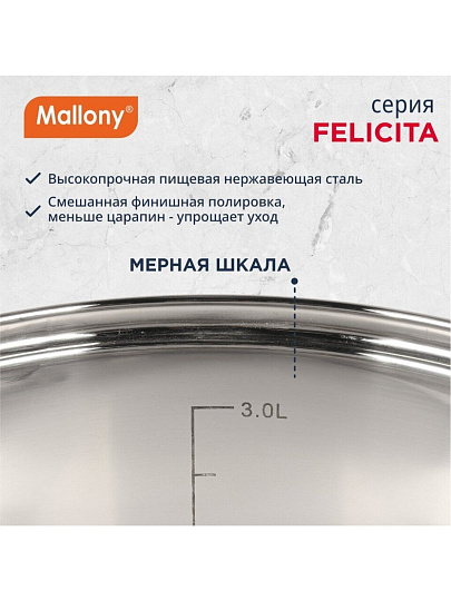 Кастрюля нержавеющая сталь, 3.9 л, крышка стекло, силиконовые ручки, Mallony, Felicità, 009388, индукция
