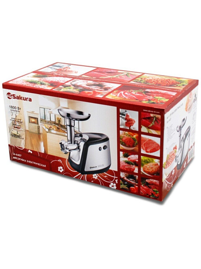 Мясорубка электрическая Sakura, SA-6407, 1800 Вт, реверс, 1.5 кг/мин, пластик, 2 насадки