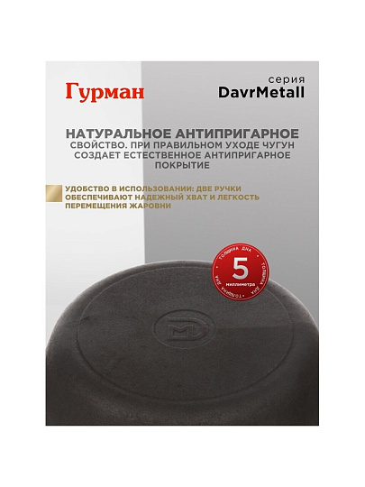Жаровня чугун, 28 см, с двумя ручками, Гурман, DavrMetall, индукция