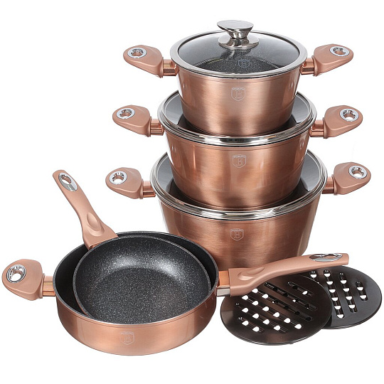 Набор посуды из алюминия Berlinger Haus Rosegold Metallic Line 1220-ВН (кастрюли с крышками, сковорода, сотейник, подставки), 5 предметов