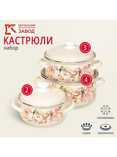 Набор посуды эмалированная сталь, 6 предметов, кастрюли 2,3,4 л., МП, Керченский металлургический завод, Круиз-1