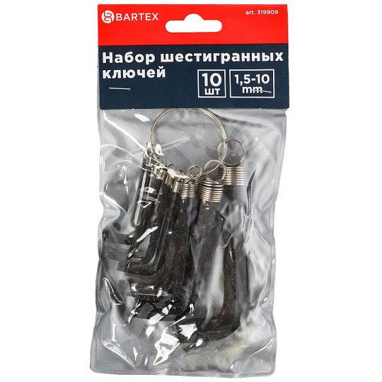 Набор ключей имбусовых, шестигранник, 10 предметов, Bartex, 1.5-10 мм, углеродистая сталь, HEX, на кольце