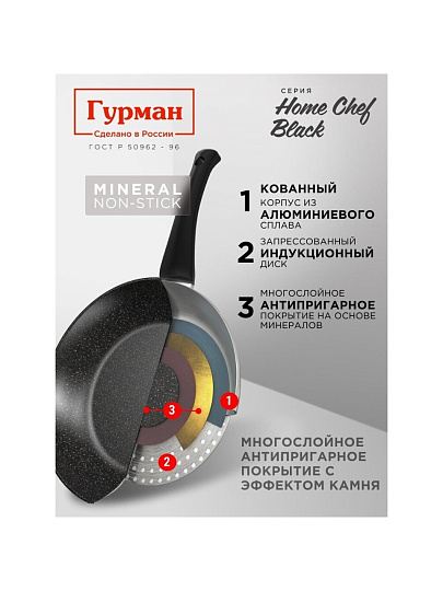 Сковорода алюминий, 24 см, антипригарное покрытие, Гурман, HomeChef, Black, индукция