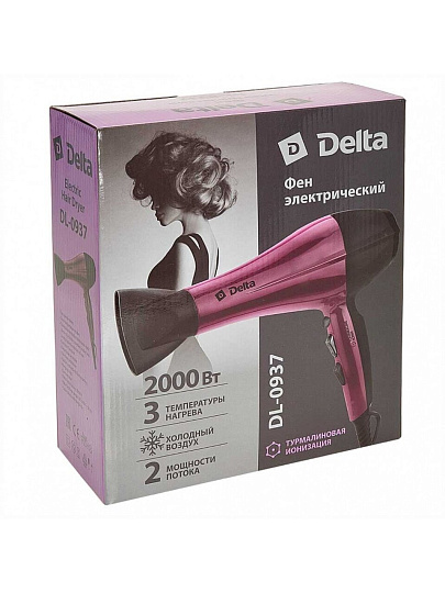 Фен Delta, DL-0937, 2000 Вт, холодный обдув, 3 режима, 2 скорости, черный с бордо