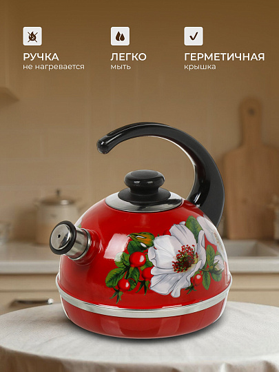 Чайник сталь, эмалированное покрытие, 3.5 л, со свистком, ручка консольная, Рубин, Маричка, бордовый, T04/35/01/33