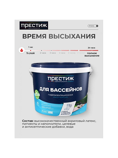 Краска водно-дисперсионная, Престиж, латексная, для бассейнов, моющаяся, влагостойкая, матовая, голубая, 2.4 кг