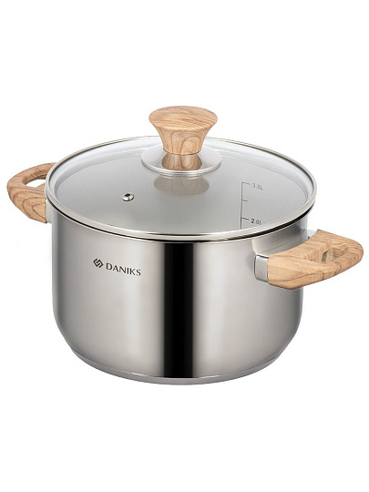 Кастрюля нержавеющая сталь, 3.9 л, крышка стекло, Daniks, Осло, GS-01147-20CA, индукция