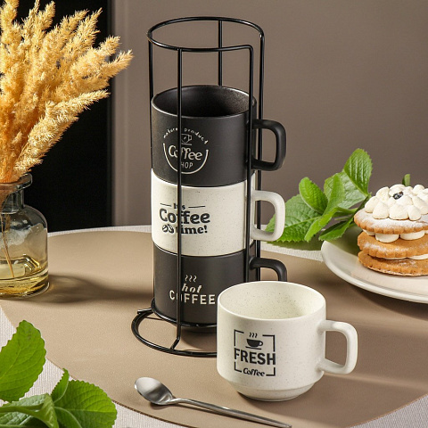 Кружка керамика, 4 шт, 250 мл, Лофт, на металлической подставке, Daniks, BR639