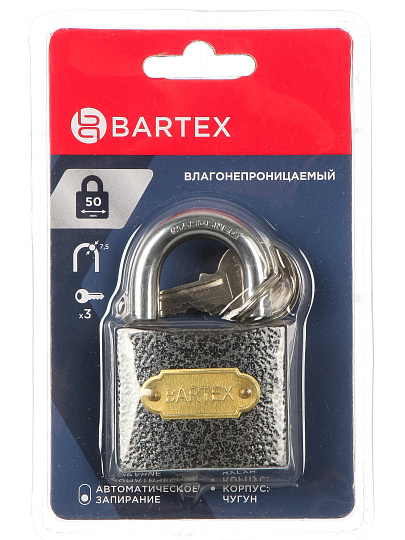 Замок навесной BARTEX чугунный 50мм Влагонепроницаемый, блистер, 3 ключа, 504661