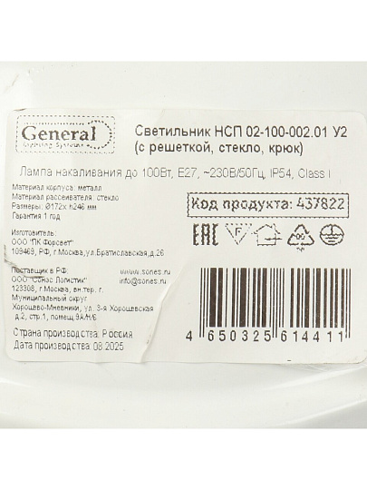Светильник General Lighting Systems, НСП 02-100-002.01, 100 Вт, E27, на 1 лампочку, IP54, 24.6х24.6х17.2 см, с решеткой, 437822