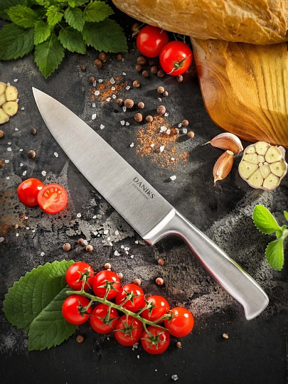 Нож кухонный Daniks, Ферра, шеф-нож, нержавеющая сталь, 20 см, рукоятка сталь, YW-A042-CH
