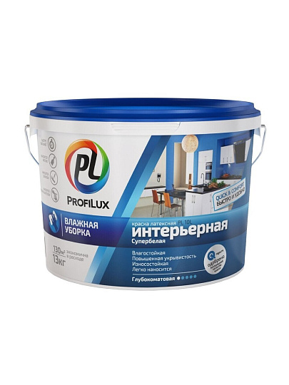 Краска водно-дисперсионная, Profilux, PL-10L, латексная, интерьерная, моющаяся, влагостойкая, матовая, супербелая, 14 кг