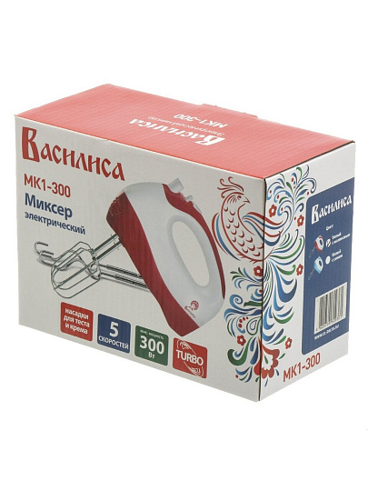 Миксер ручной, Василиса, МК1-300, 300 Вт, 5 скоростей, турбо режим, белый, малиновый