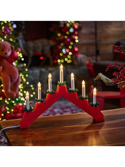 Подсвечник декоративный пластик, 41х29.5 см, красный, Uniel, 7 миниламп, белый свет, UL-00007387