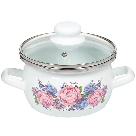 Кастрюля эмалированная сталь, 1.5 л, с крышкой, крышка стекло, сферический, Сантэкс, Гортензия, 1-2415112, индукция
