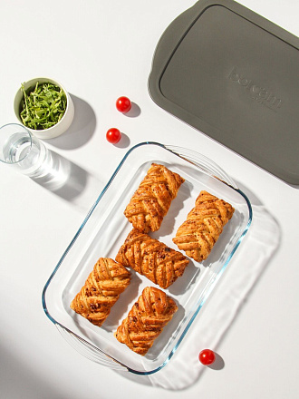 Форма для запекания стекло, 25х40х6 см, 3.85 л, прямоугольная, с крышкой, Borcam, 59124GREY