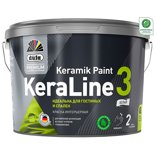 Краска водно-дисперсионная, Dufa Premium, KeraLine 3 База1, акриловая, универсальная, моющаяся, влагостойкая, матовая, 0.9 л