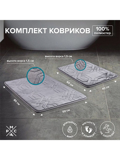 Набор ковриков для ванной и туалета, антискользящий, 2 шт, 0.4х0.6, 0.5х0.8 м, полиэстер, темно-серый, РМС, КК-09ТС-40х60/50х80