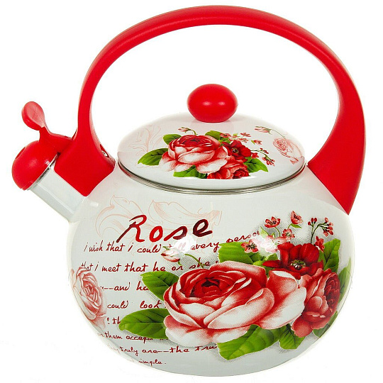 Чайник сталь, эмалированное покрытие, 2.2 л, со свистком, ручка пластиковая, Aurora, Роза, 1904