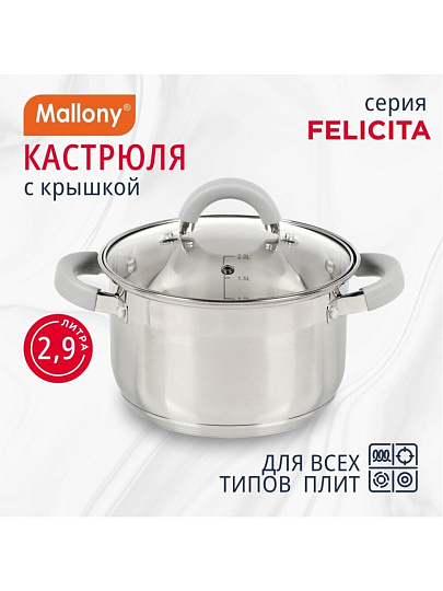Кастрюля нержавеющая сталь, 2.9 л, крышка стекло, силиконовые ручки, Mallony, Felicità, 009387, индукция