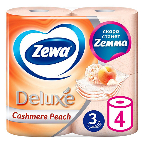 Туалетная бумага Zewa, Deluxe, 3 слоя, 4 шт, 18.8 м, с втулкой, персик