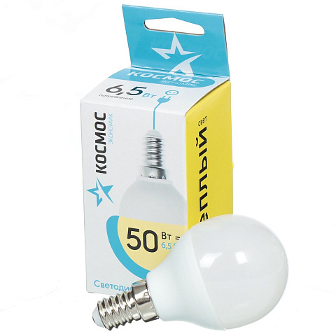 Лампа светодиодная E14, 6.5 Вт, 50 Вт, шар, 3000 К, свет теплый белый, Космос, Basic