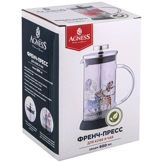 Френч-пресс 0.6 л, стекло, Agness, Котики, 894-121