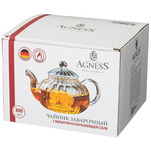 Чайник заварочный стекло жаропрочное, с ситечком, Agness, 891-031