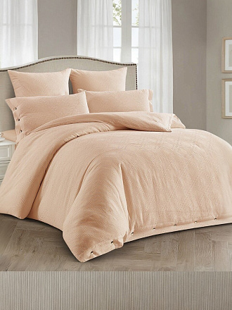 Постельное белье евро, простыня 180х200 см, 2 наволочки 70х70 см, 2 наволочки 50х70 см, пододеяльник 200х220 см, простыня на резинке, Cleo, вареный хлопок, коллекция Organic Cotton, 31/002-OC бежевый