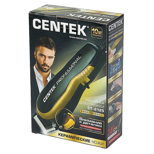 Машинка для стрижки Centek, CT-2125, сетевая, 10 Вт, черно-золотая, керамические ножи, шнур 2.4 м