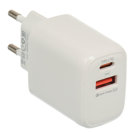 Сетевое зарядное устройство Red Line, NQC-13, 3 А, USB + Type-C, PD 20 Вт, белое, УТ000036039