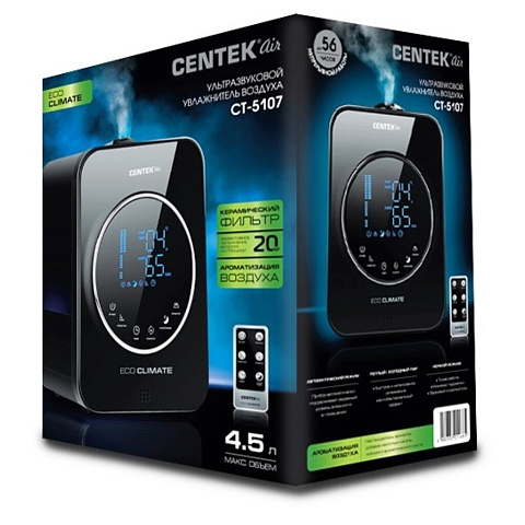 Увлажнитель воздуха Centek, 4.5 л, 20 м2, ультразвуковой, 40 Вт, сенсор, LED, функция ароматизации, черный, CT-5107