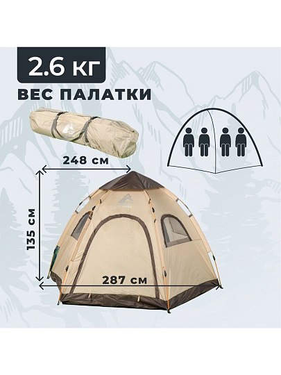 Палатка 4-местная, 287х248х135 см, трехслойная, с москитной сеткой, есть окна, полиэфирная ткань с серебряным покрытием, C070006